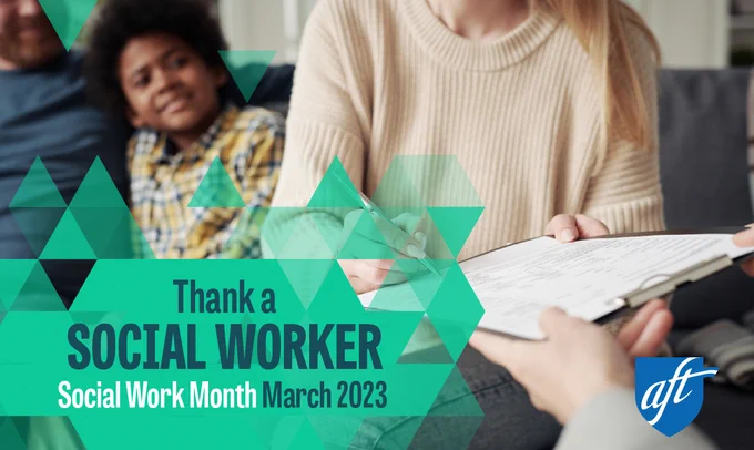 Photo of a person holding a clipboard and talking to a family. It reads "Thank a Social Worker - Social Work Month March 2023." 