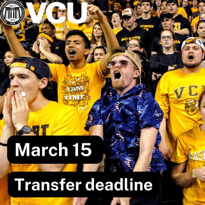 Students in black and gold cheer for VCU. VCU logo on the top left corner, text reads "March 15 transfer deadline" at the bottom left.