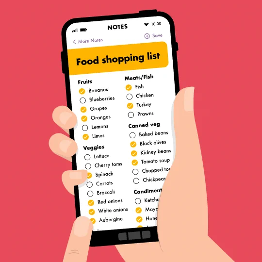 Graphic of a hand holding a smartphone with a shopping list on it
