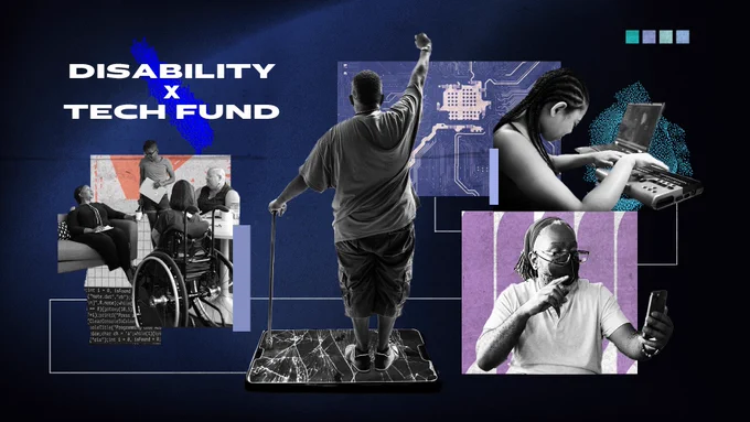 A collage of disabled demonstrators and disabled organizers over a dark purple background alongside technology patterns and images.
