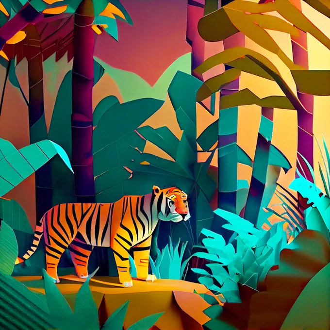 Illustration in a cut paper style showing a tiger in a jungle