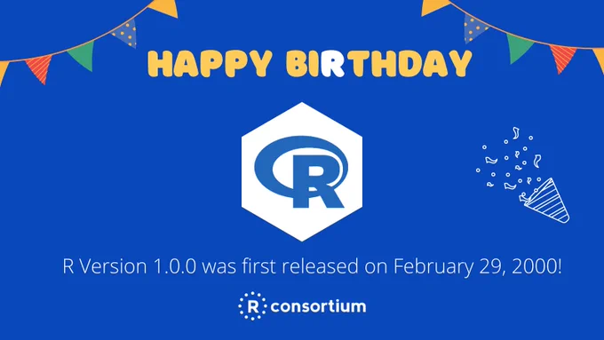 There is text which reads "Happy biRthday R! R version 1.0.0 was first released on Feb 29, 2000!" There are banners on both the top right and left corners as well as the R Consortium logo at the bottom. 