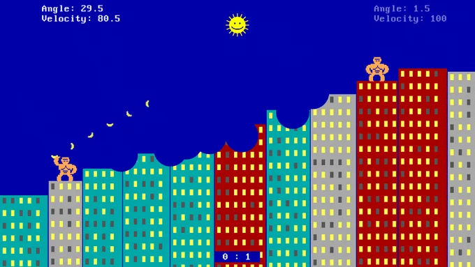 Screenshot of GORILLAS, a video game from 1991, where gorillas throw explosive bananas at each other, carving craters on a city skyline as a side effect