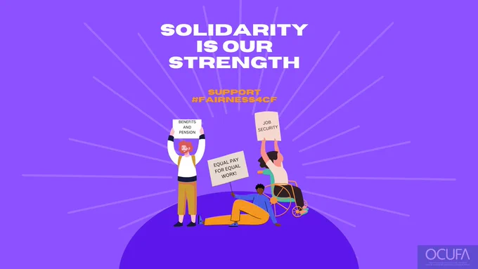 Illustration of three people displaying signs: 1 person is in a wheelchair and their sign says: JOB SECURITY, another is sitting on the floor and their sign says: EQUAL PAY FOR EQUAL WORK, another is standing and their sign says: BENEFITS & PENSION. Background is purple and the text reads: SOLIDARITY IS OUR STRENGTH: Support #Fairness4CP (which stands for "Fairness for Contract Faculty"). 
