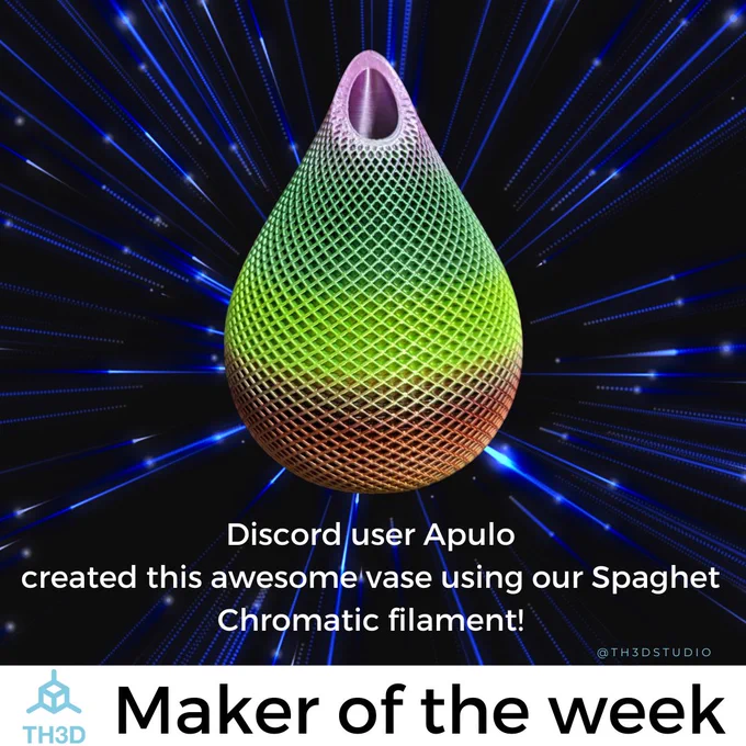 Image of a 3D Printed vase with the text Discord user Apulo using our chromatic filament.