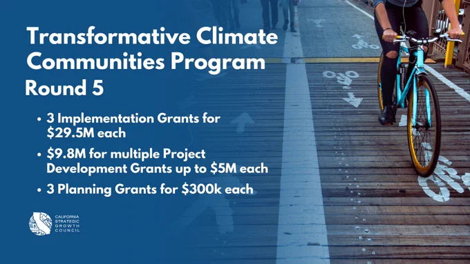 Transformative Climate Communities Program Round 5. 3 Implementation Grants for $29.5 million each. $9.8 million for multiple Project Development Grants up for $5 million each. 3 Planning Grants for $300,000 each. People biking and walking on wooden path. SGC logo bottom left corner.