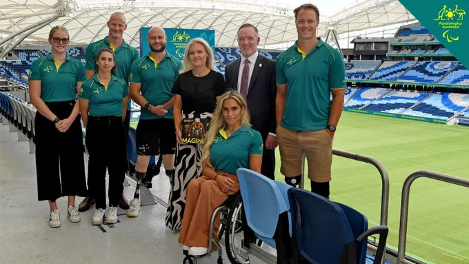 Australian Paralympians Katja Dedekind, Paige Greco, Rowan Crothers, Chris Bond, Curtis McGrath and Madison de Rozario are pictured with Catherine Clark and Jock O'Callaghan at the Paralympics Australia Strategic Plan Launch.