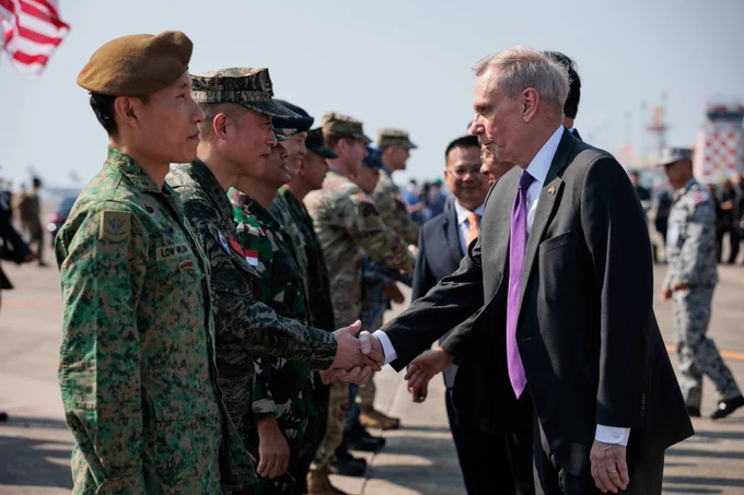 Robert F. Godec, U.S. ambassador to the Kingdom of Thailand, welcomes service members from participating nations during the opening ceremony of Exercise Cobra Gold at Utapao International Airport, Ban Chang district, Rayong province, Kingdom of Thailand, Feb. 28, 2023. Cobra Gold, now in its 42nd year, is a Thai-U.S. co-sponsored training event that builds on the longstanding friendship between the two allied nations and brings together a robust multinational force to promote regional peace and security in support of a free and open Indo-Pacific. (U.S. Army National Guard photo by Staff Sgt. Adeline Witherspoon)

