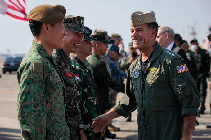 U.S. Navy Adm. Chris Aquilino, commander of U.S. Indo-Pacific Command, greets service members from participating nations during the opening ceremony of Exercise Cobra Gold at Utapao International Airport, Ban Chang district, Rayong province, Kingdom of Thailand, Feb. 28, 2023. Cobra Gold, now in its 42nd year, is a Thai-U.S. co-sponsored training event that builds on the longstanding friendship between the two allied nations and brings together a robust multinational force to promote regional peace and security in support of a free and open Indo-Pacific. (U.S. Army National Guard photo by Staff Sgt. Adeline Witherspoon)

