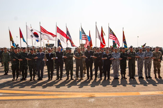 Service members, key leaders, and representatives from participating nations attend the opening ceremony of Exercise Cobra Gold at Utapao International Airport, Ban Chang district, Rayong province, Kingdom of Thailand, Feb. 28, 2023. Cobra Gold, now in its 42nd year, is a Thai-U.S. co-sponsored training event that builds on the longstanding friendship between the two allied nations and brings together a robust multinational force to promote regional peace and security in support of a free and open Indo-Pacific. (U.S. Army National Guard photo by Staff Sgt. Adeline Witherspoon)

