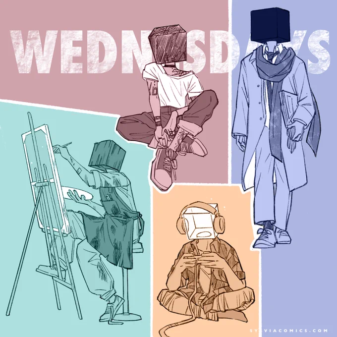 Four characters with cubic heads. 
One is sat with her legs crossed, her head is scribbled.
One is painting in front of an easel. His head is wooden.
One is playing video games. His head is transparent.
One is walking toward us, files under his arm. His head is pitch black.

Behind them a title : Wednesdays