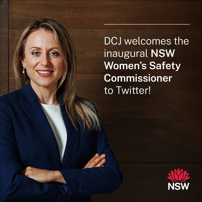 Photo of Dr Hannah Tonkin and text in white font 'DCJ welcomes the inaugural NSW Women's Safety Commissioner to Twitter!"