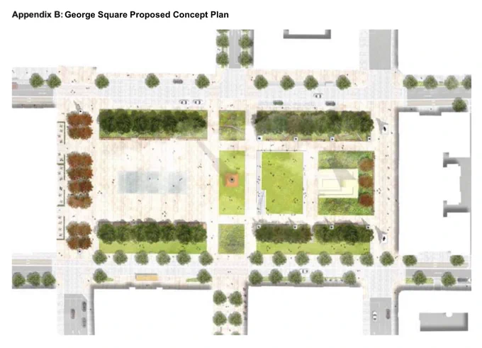 This is John McAslan   Partners’ newly published plan for the reconfiguration of Glasgow’s George Square. It shows the significant increase in the surface area of the square’s public realm. In addition, there is a significant increase in vegetation particularly trees as well as the relocation of the statues to the eastern half of the square with the Glasgow Cenotaph and the Monument to Walter Scott remaining in their existing locations.