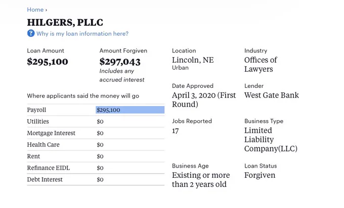 Picture of Hilgers, PLLC receiving $297,043 in PPP loan forgiveness