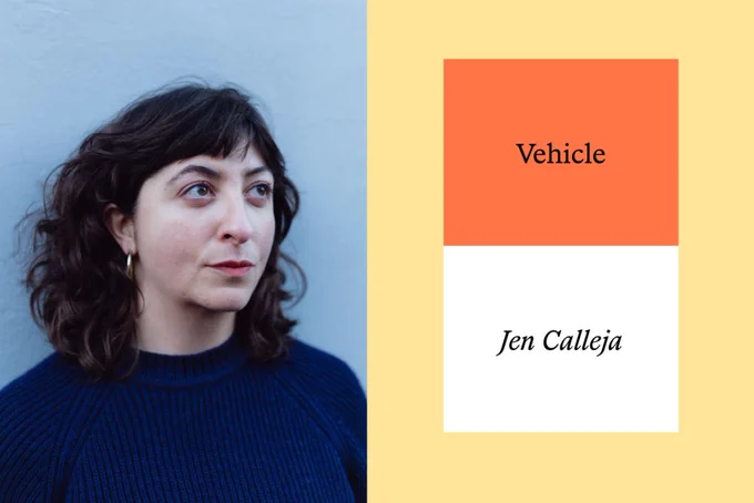 One the left side is an olive skinned woman looking up and off to the side with shoulder length wavy brown hair and a navy knitted jumper against a light blue wall, to the right is an orange and white book on a pale peach background