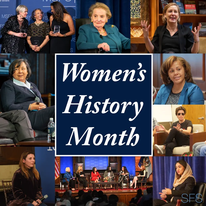 Top row: Former Icelandic member of parliament Ragnheiður E. Árnadóttir (MSFS’94), Ambassador Marcia Stephens Bloom Bernicat (MSFS’80), Nicole Bibbins Sedaca (MSFS'97), Secretary Madeleine Albright (H’99), Kathleen Kingsbury (SFS'01)
Middle row: Margaret Huang (SFS'91), Lisa Collins (SFS'01, L'04), Kara Swisher (SFS'84)
Bottom row: Lourdes Garcia-Navarro (SFS’94), Ambassador Melanne Verveer (I'66, MS'69), HRH Princess Ghida Talal (SFS’86, MSFS’86), former Congresswoman Stephanie Murphy (MSFS’04), Shéhérazade Semsar-de Boisséson (SFS’90, MSFS’90), Under Secretary Uzra Zeya (SFS’89), and Karen Courington (MSFS’10), Ambassador Roya Rahmani
