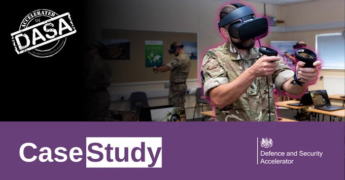 DASA Accelerated Case Study. A uniformed soldier wearing a VR headset raises his hands holding VR remotes.