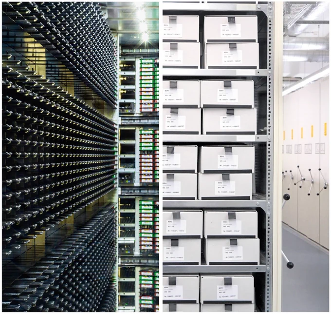 Server- und Magazinräume im Bundesarchiv (Quelle: links: BArch, B 198 Bild-2020-1019-008 / Nobel, Jürgen; rechts: BStU / Mulders (Gestaltung: Pralle Sonne))