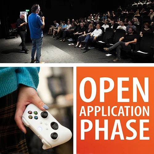 Picture divided in 3 parts. Top: 2 professors speaking to an audience. Bottom left: close up of a hand holding a controller. Bottom right: Text that says Open Application phase on orange background.