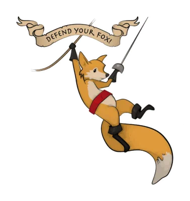 Cartoon fox, with belts, booths, and a sword, swinging from a rope. Banner reads "defend your fox".