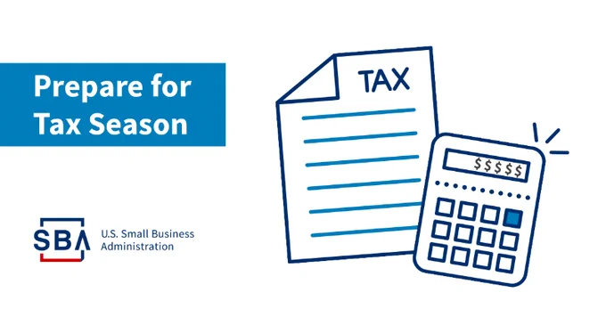 A calculator and sheet to the right. To the left, "Prepare for Tax Season" with SBA logo bottom left. 