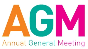 AGM graphic in orange, green and pink letters