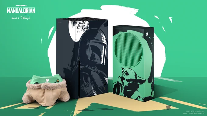 A custom Xbox Series S, custom Xbox Series X, and custom Xbox controller sit against a graphic green, white, and beige background. The Xbox Series X is primarily black, and features a stylized white and gray image of The Mandalorian. The Xbox Series S is primarily green, and features a stylized green and black image of Grogu. The controller is also green, and sitting inside a custom Xbox controller hoodie, made to look like Grogu's jacket, with only the topmost buttons showing. In the top left corner are the logos for Star Wars, The Mandalorian, Disney , as well as the date March 1. The bottom right corner reads "© 2023 & TM Lucasfilm Ltd Disney  Subscription Required".