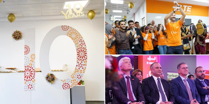 A photo collage of TE employees in Morocco celebrating ten years