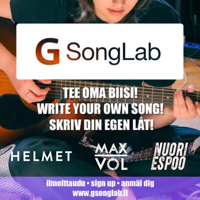 Tapahtumamainos,  jossa kitaraa soittava nuori. 