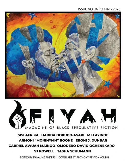 there is a traditional image of two black folks kissing fractured in pieces at the same time. behind them are an orange and yellow cosmos, planets, and stars. below in black are the title and writers' names.