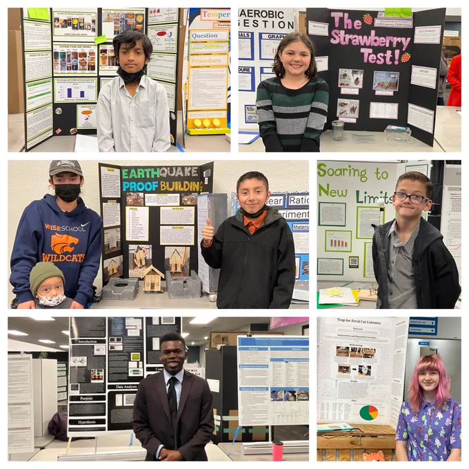 Young boy and girl smile in front of their project board. Mom and little sibling smile as they help brother/son set up. Young boy in front of his drone project. Teenager stands proudly in front of winning research project, and young girl smiles in front of her project board.