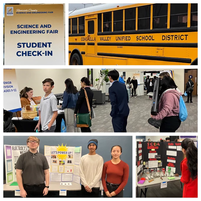Science Fair student check-in sign, Coachella Valley School bus out front. Students and families checking in. Group project team members smile in front of their project board. Parents looking at displayed projects.