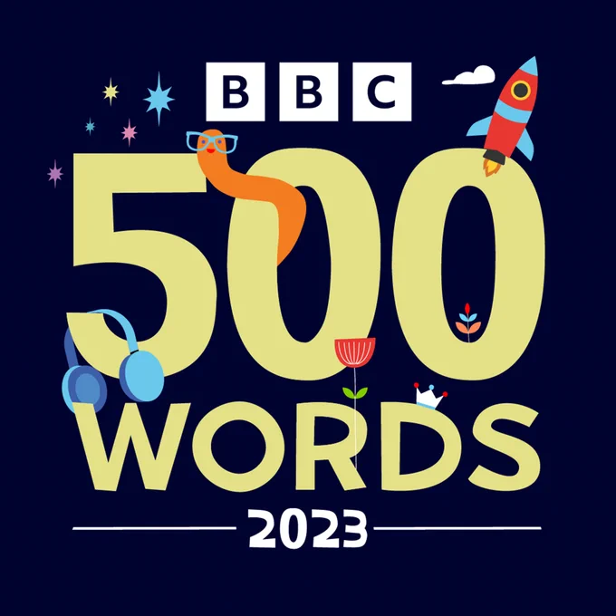 500 Words 2023 is written on a navy background and illustrations including flowers, headphones, a rocket ship, stars and a worm in glasses are pictured around the writing.