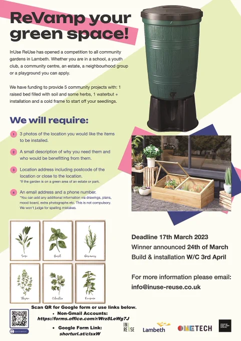 Revamp your green space poster from InUseReUse - win 5 waterbutts, raised beds & cold frames for community gardens in schools, estates, etc - entry by 17 March 