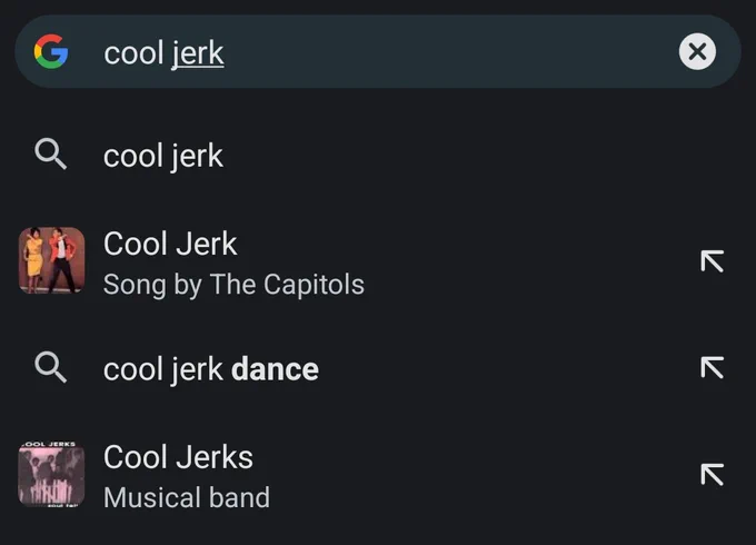 Google suggested results for search term "cool jerk" include a song, a dance, and a band