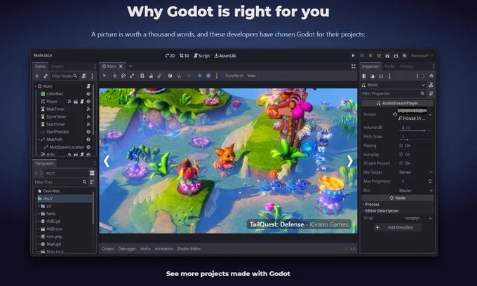 The look of the Features tab on the Godot Engine website with a look at the new improved editor