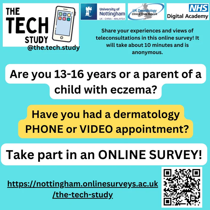Are you 13 – 16 years or a parent of a child with eczema? Have you had a dermatology phone or video appointment? Take part in an online survey. A QR code is included.