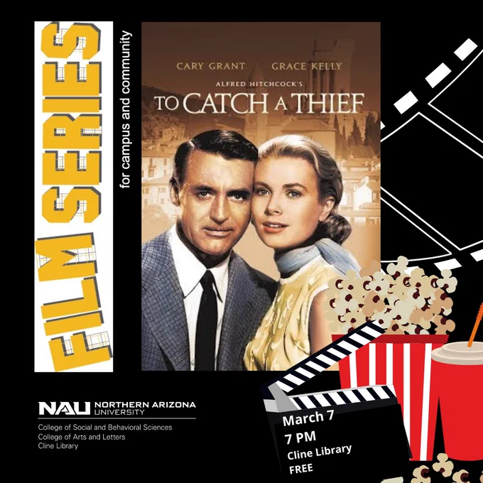 Image from movie poster for "To Catch a Thief" shows Cary Grant and Grace Kelly.  Graphics with popcorn, film strip, etc. and text that provides details duplicated in post content.