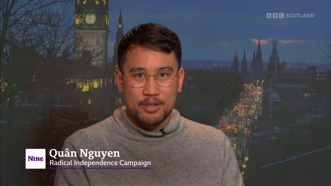 A screenshot of Quan Nguyen from the Radical Independence Campaign speaking on BBC Scotland's The Nine.