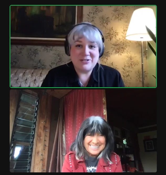 A picture of Falen Johnson and Buffy Ste. Marie, each in their own video box, talking together via Zoom conversation. 