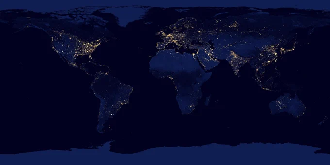 Picture of the whole world in the dark, with lights visible in inhabited areas
