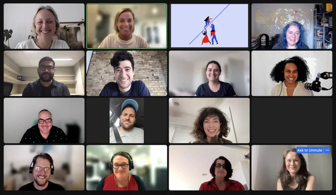 Humanity First's advisors, alongside members of the Humanitech and Portable team, smile during a Zoom call.