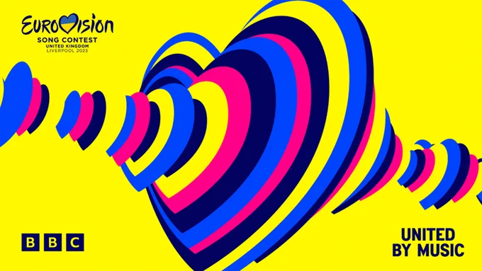 Eurovision - United By Music - multicoloured hearts form a beating heart on a yellow background.