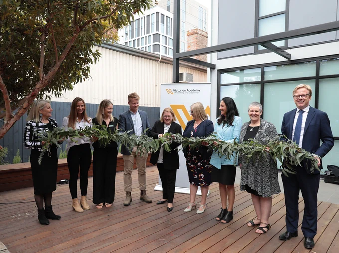 Ribbon cutting ceremony for the Geelong regional centre opening with the Hon. Natalie Hutchins MP and Academy staff 