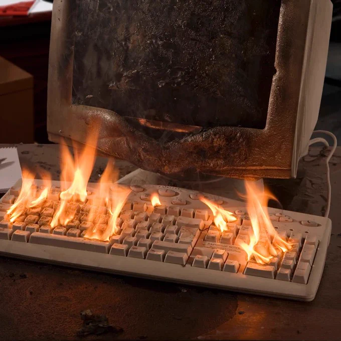 PC keyboard and monitor on fire