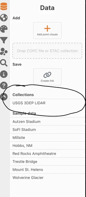 Selecting the USGS 3DEP LiDAR STAC item collection in viewer.copc.io