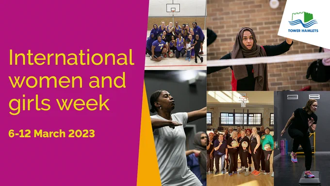 Poster showing women and girls sports teams and taking part in various sporting activities