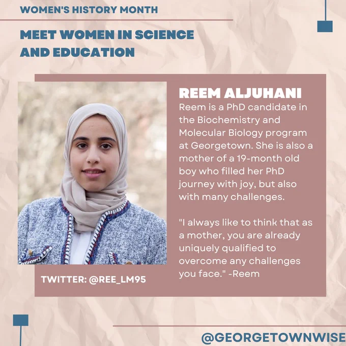 pink canvas with blue and white wording. Bio on the right with a picture of a woman on the left with her Twitter handle on the bottom of the picture @ree_lm95