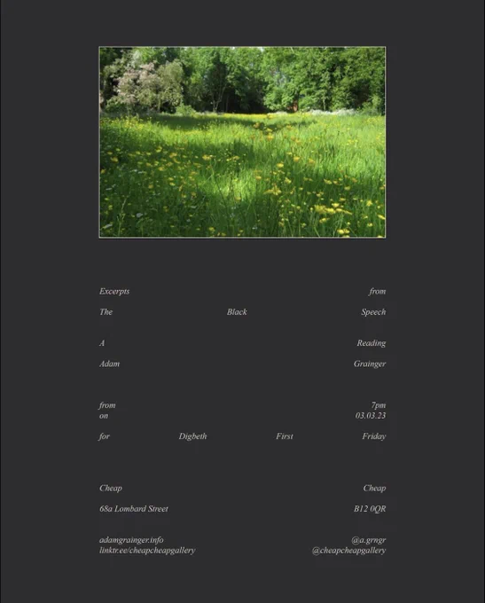 A highly saturated image of a field at summer time sits on a dark grey background. The text reads ‘Excerpt from The Black Speech A Reading Adam Grainger from 7pm on 03.03.23 for Digbeth First Friday.’