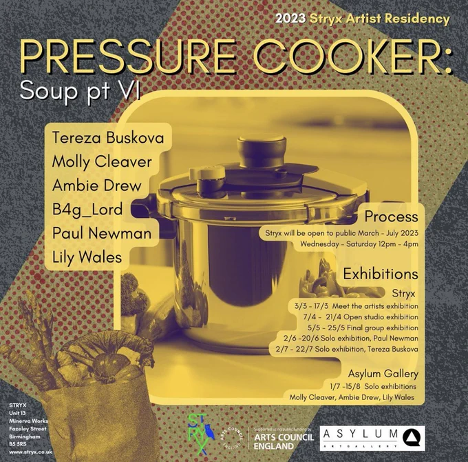 A photograph of a pressure cooker with the artists names to the left side, all in sepia tone. Tereza Buskova,  Molly Cleaver, Ambie Drew, B4g_Lord, Paul Newman & Lily Wales.